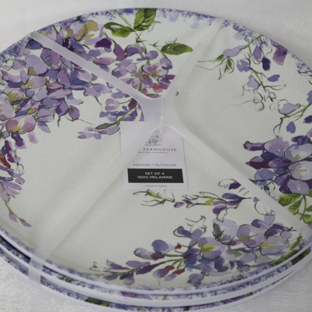 THE FARMHOUSE RACHEL ASHWELL LILAC FLORAL MELAMINE DINNER PLATES-PURPLE-SET OF 4